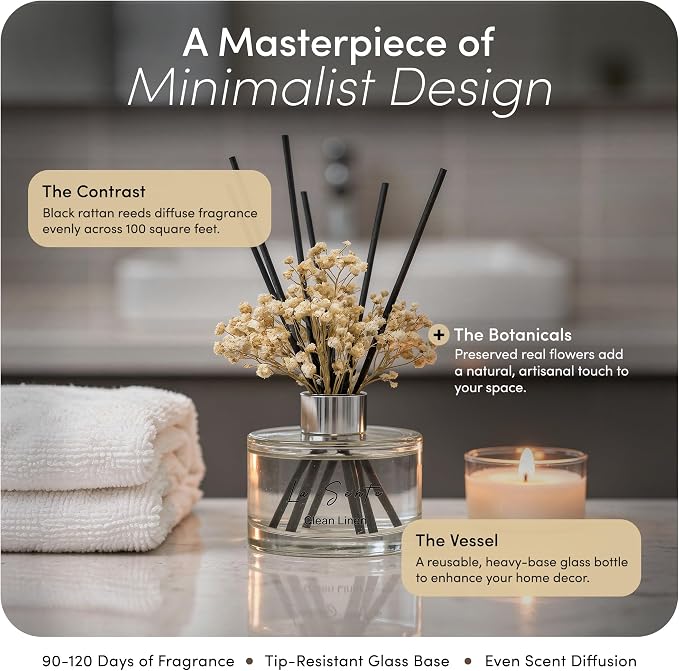 Reed Diffuser Set (6.7fl oz), Natural Clean Linen Essential Oil Fragrance with Glass Bottle, Black Rattan Sticks & Preserved Flowers, Up to 120 Days Lasting Fragrance for Home & Office