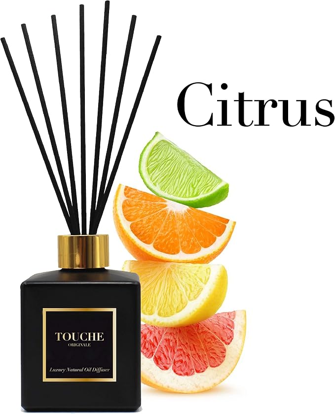 Touche Luxury Natural Reed Diffuser. Long Lasting Scented Home Fragrance. Natural Essential Oil Alcohol-Free. 4.75 OZ. Glass Bottle (Citrus - Black Bottle)