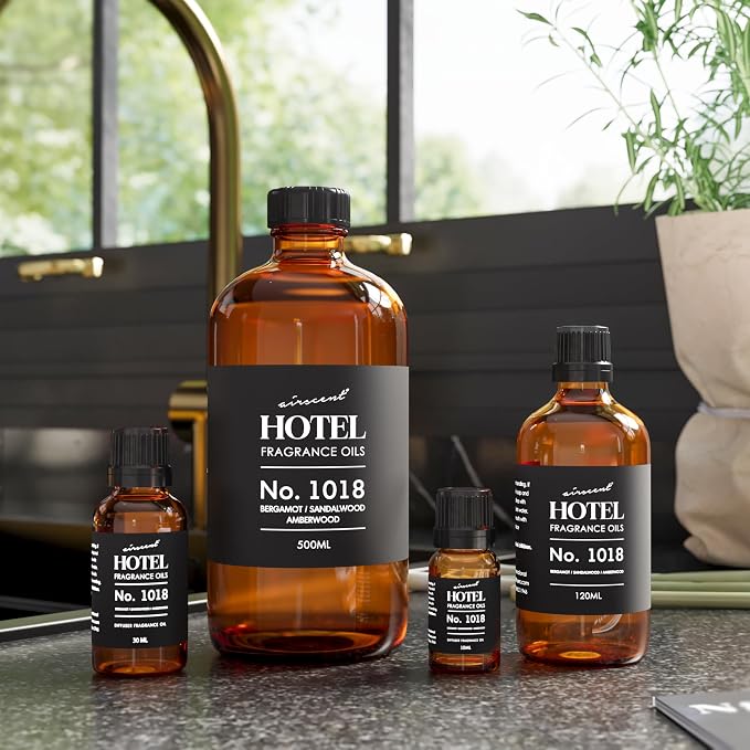 AirScent Hotel Diffuser Oil No. 1018 - Bergamot Sandalwood Amberwood - Hotel Scent Dupe - Premium Fragrance Oil for Ultrasonic and Waterless Diffusers and Crafting - 10 ml, 0.34 fl oz Glass Bottle