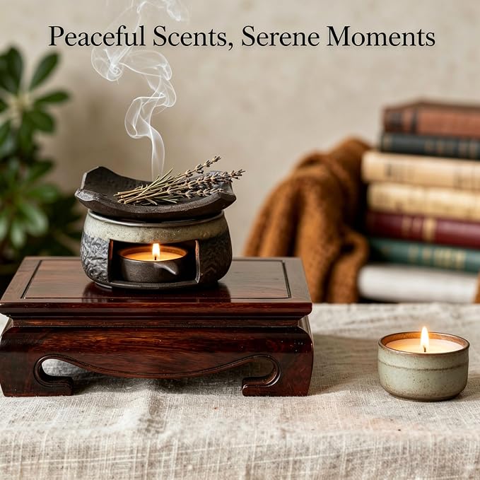 Ceramic Aromatherapy Burner with Tongs, Essential Oil Diffuser, Tea Light Candle Holder Warmer, Herb Incense Burner Plate Set, Zen Style Fragrance Diffuser for Home Office Meditation Relaxation