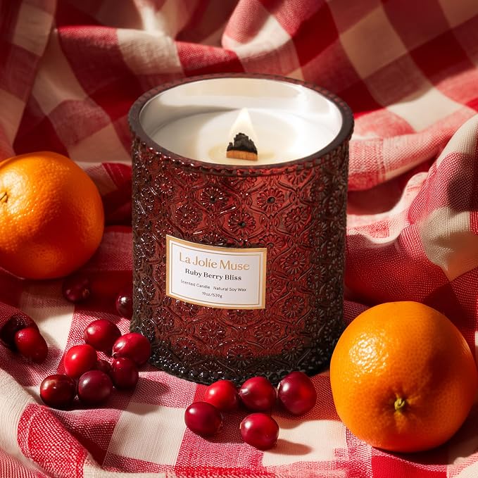 LA JOLIE MUSE Ruby Berry Bliss Scented Candles for Home,19 oz Natural Soy | Christmas Winter Holiday Decor, Large Luxury Red Jar Candle, Clean Non Toxic, Gift for Women,Men, Wood Wick, Orange,Cranberry