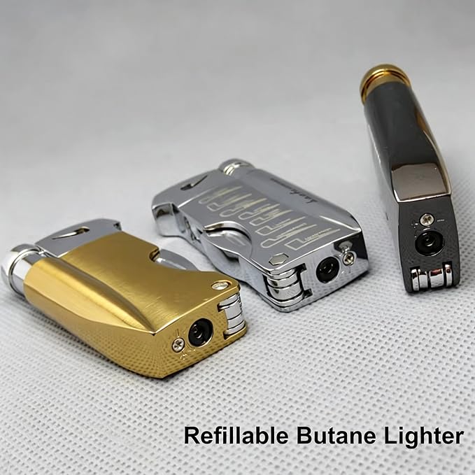 Soft Flame Butane Lighter with Built-in 3-in-1 P-ipe Tool Cleaner, Unique Refillable Candle Lighter, Angled Gas Window, Unique Gifts for Men, Birthday, Father’s Day, Valentine’s Day (Silver, No Fuel)