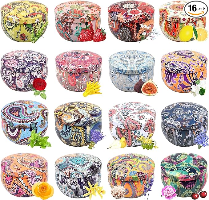 Howemon Scented Candles Gift Set, Natural Soy Wax Portable Travel Tin with Strongly Fragrance Essential Oils for Stress Relief and Aromatherapy - 16 Pack