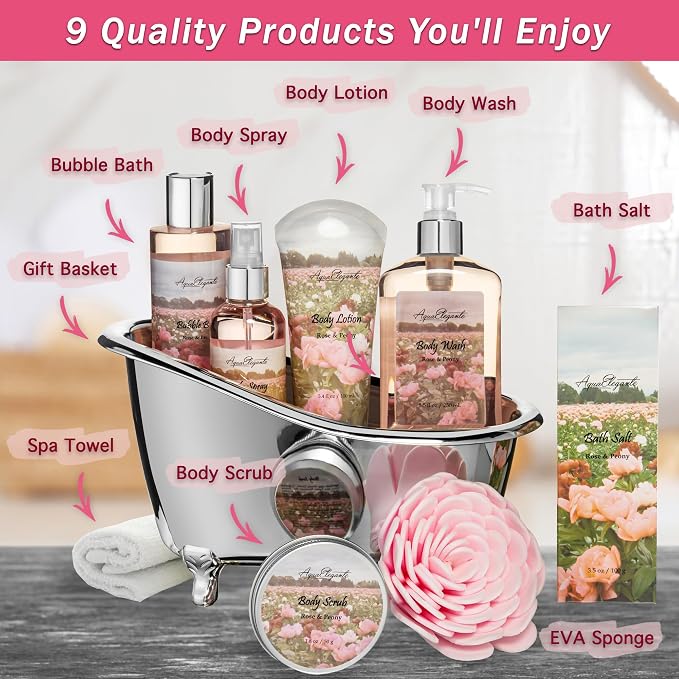 Aqua Elegante Spa Gift Basket - Luxury Bath Set with Body Wash, Bubble Bath, Lotion, Salts, Scrub, Spray, Shower Puff, Towel, Gifts for Women, Mom, Wife, Her - Rose Oil & Peony