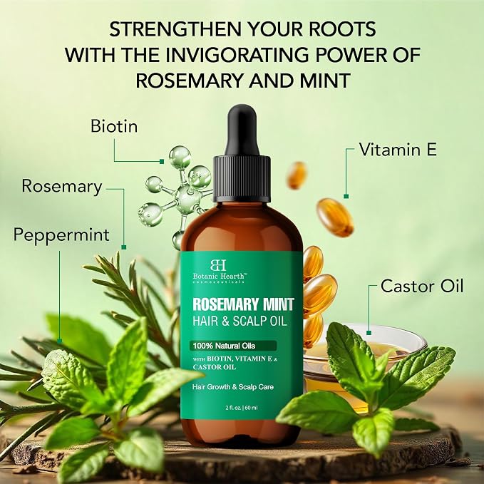Botanic Hearth 100% Pure Rosemary Mint Oil For Hair Growth & Hair Treatment Oils 2 Fl Oz | Infused with coconut Oil | Hair Oil Repairs Dry Damaged Hair, Strengthening, Healthier | All Hair Types