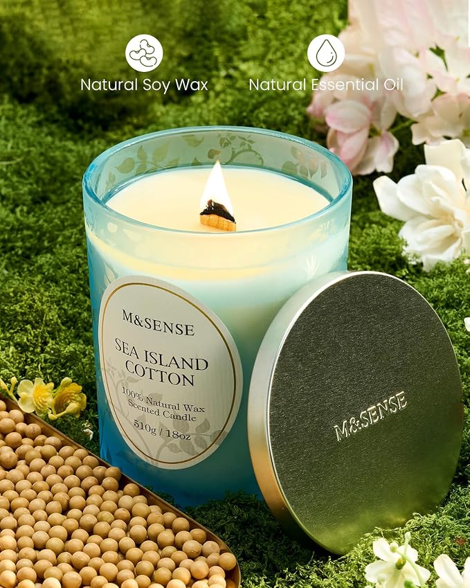 M&SENSE Sea & Cotton Scented Candle, 18oz | Cracking Wooden Wick, Soy Wax, 100 Hours Long Lasting, Non-Toxic Aromatherapy