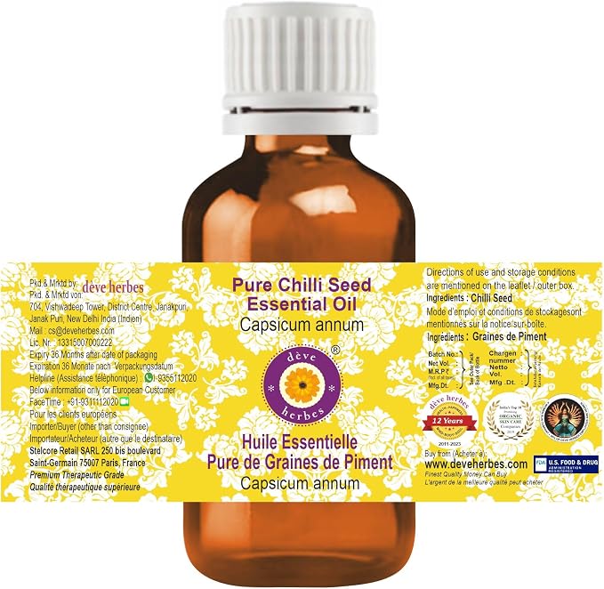 dève herbes Chilli Seed Essential Oil (Capsicum annum) Pure | Non-Sticky | Non-Greasy | Lightweight | Men & Women | All Skin Types | Steam Distilled 50ml (1.69 oz)