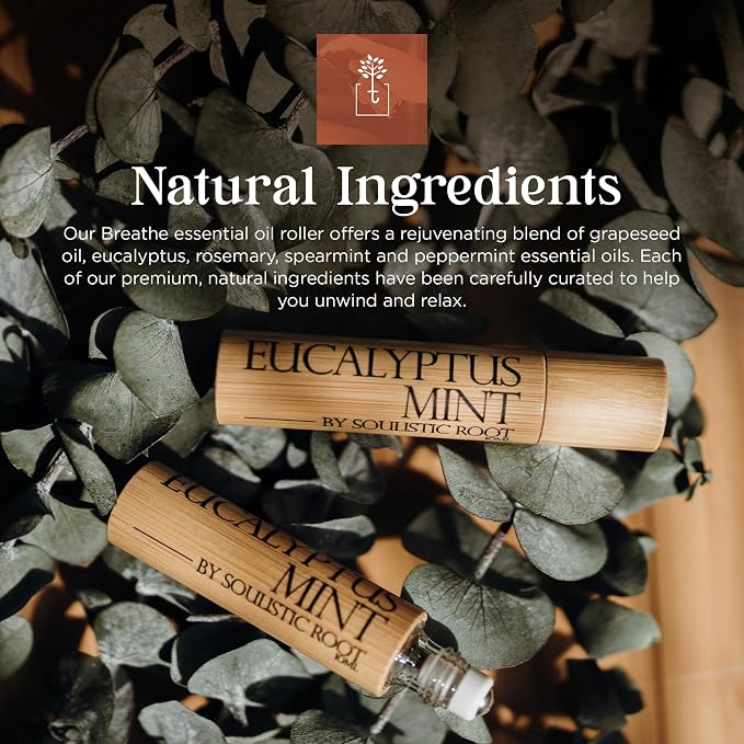 Soulistic Root Eucalyptus Mint Essential Oil Roll On – Breathe Essential Oil Blend w/Peppermint, Spearmint, Rosemary – Aromatherapy Rollerball for Spa, Self Care, Energy – 10ml Bottles Each