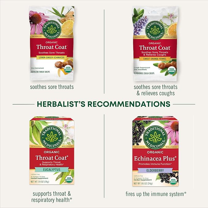 Traditional Medicinals Organic, Throat Coat Lozenges, Eucalyptus Mint with Menthol - Herbal Cough Drops, Helps Soothe Sore Throat & Relieve Cough - Non-GMO, Stimulant-Free - 16 Count