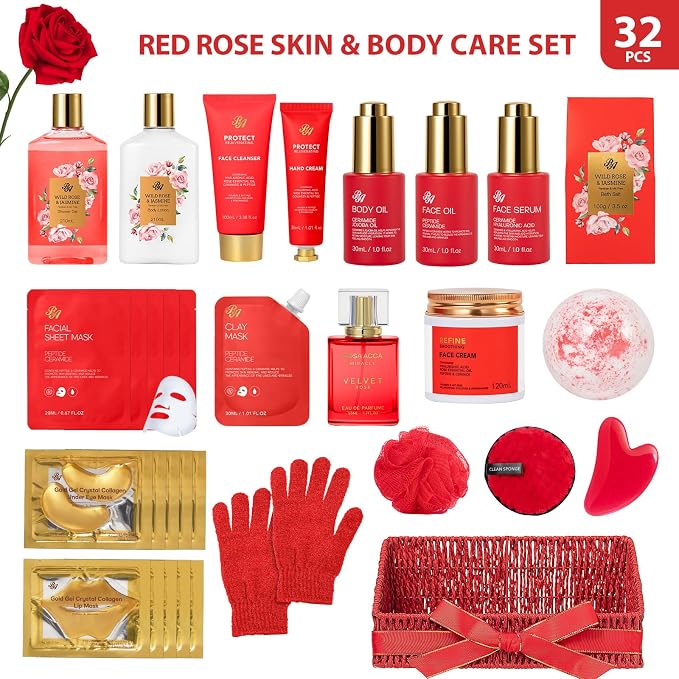Gifts for Women, Gifts Basket for Women, 32 Pcs Red Rose Bath and Body Gift Basket Set, Hydrating Face Skin Care Gift Set, Home Spa Basket, Self Care Set, Birthday, Christmas, Anniversary, Wife, Mom