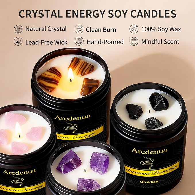 Scented Candles Set, 4 Pack Crystal Healing Candles with Rose Quartz Amethyst Tiger Eye Obsidian, 7oz Natural Soy Wax Candles, Lavender Citrus Sandalwood Cedar, Meditation Gifts for Women Men