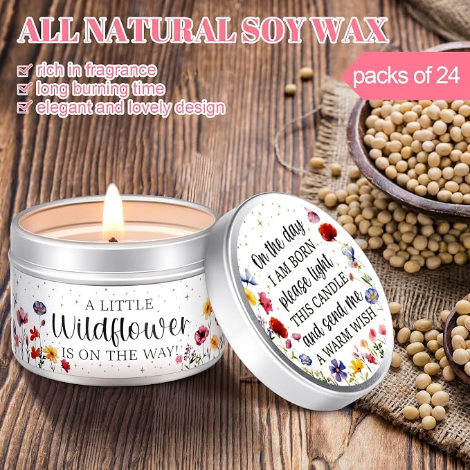 MTLEE 24 Pcs Wildflowers Baby Shower Party Favors Candles Lavender Scented Baby Shower Favors for Guests Rustic Tealights Candles Gender Reveal Return Gifts (1.2 oz, Colorful)