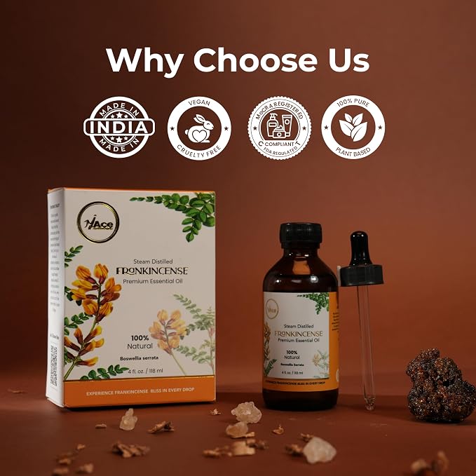 My Ace Frankincense Essential Oil 4oz – 100% Pure & Natural, Premium Grade, Undiluted Boswellia Serrata Oil for Diffuser, Aromatherapy, Skin & Hair Care, Amber Glass Bottle with Dropper