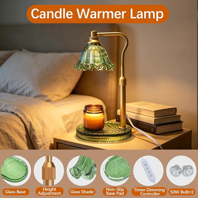 Candle Warmer Lamp with Timer Dimmable, Adjustable Candle Warmer Lamp for Jar Candles 3-Wick, Flameless Smokeless Candle Heater with 2 Bulbs, Home Decor Birthday Mothers Day for Women Mom (GREEN)