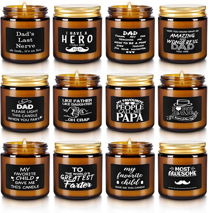 12-Pack Amber Jar Father's Day,Scented Candles, Gift for Dad 3.5oz, Natural Soy Wax and Premium Essential Oils. Ideal for Study Home & Office Aromatherapy.