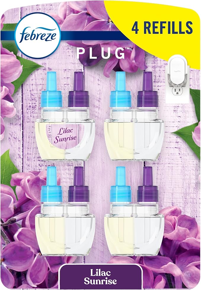 Febreze Plug In Air Freshener, Odor-Fighting Scented Oil Refill, Air Fresheners for Home and Bathroom and Kitchen, Long Lasting for Strong Odors, Lilac Sunrise Scent, 0.87oz Refills, 4 Count