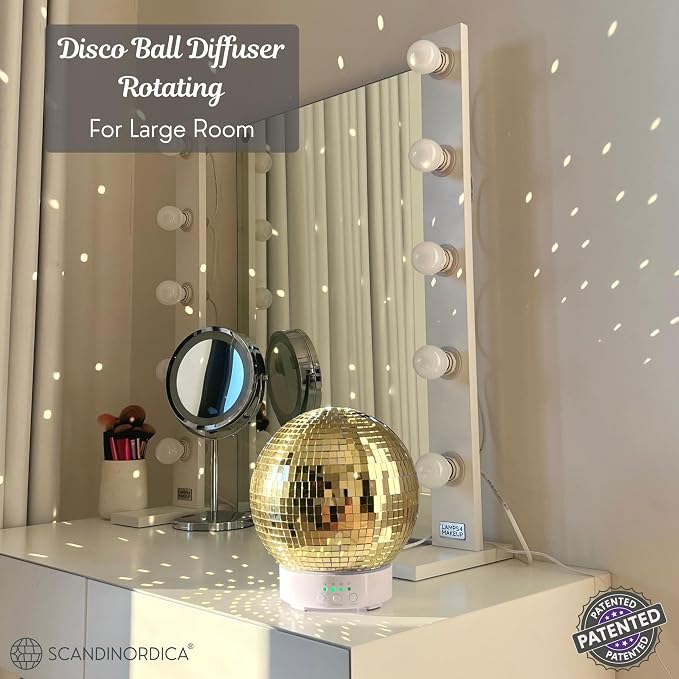 Disco Ball Diffuser Rotating - 300 ML Mirror Ball Oil Diffuser, Essential Oils Diffusers for Home, Novelty Mirrorball Ultrasonic Diffuser for Bedroom | Aromatherapy Diffuser for Large Room Gold