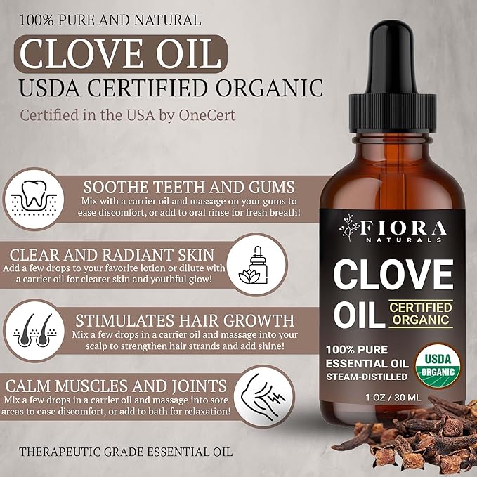 Organic Clove Essential Oil – 100% Pure, USDA Certified Clove Bud Oil for Teeth & Gums, Toothache Relief, Hair Growth & Aromatherapy – Premium Cloves Oil for DIY Wellness by Fiora Naturals
