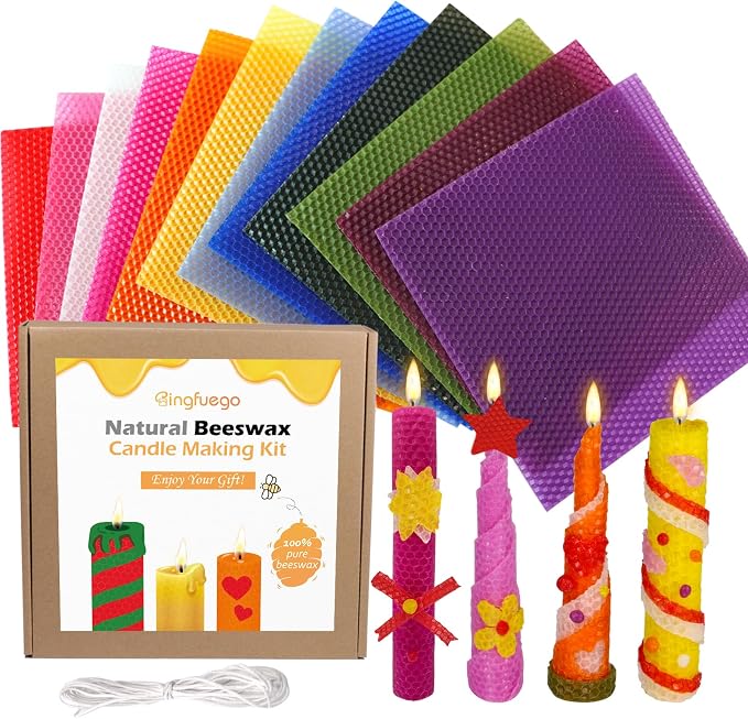 Bingfuego Beeswax Candle Making Kit for Beginners-12 Beeswax Sheets for Candle Making Rolling Kits, Natural Beeswax Candle Making Kit (Bright Color, 8 x 8 inch)