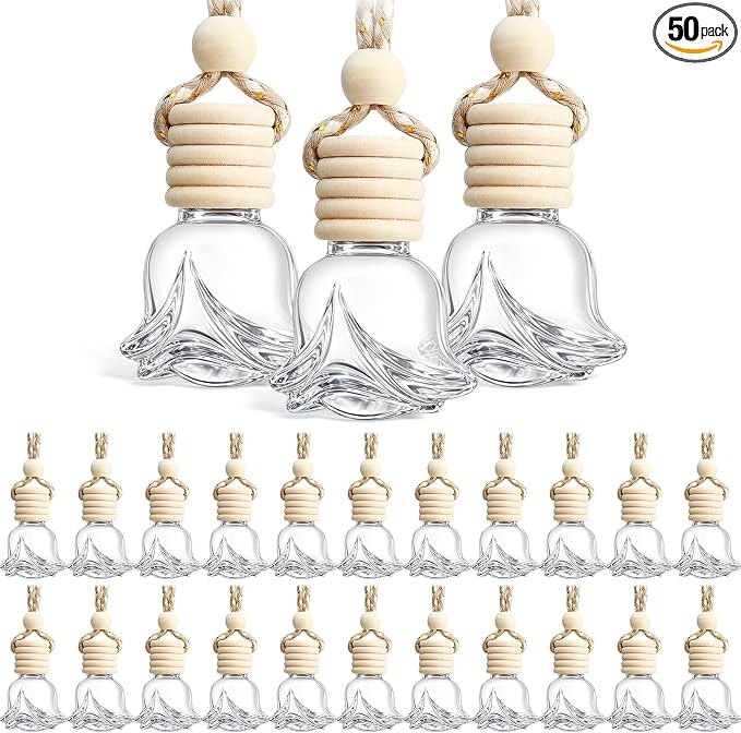 BBTO 50 Pcs Hanging Car Air Freshener Car Diffuser Bottles Empty Glass Perfume Bottle Freshener Diffuser Bottle Pendant for Essential Oil Fragrance Aromatherapy Ornament(Rose)
