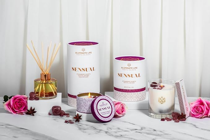 Luxury Candle Tin, 6 OZ, Sensual - Strawberry Quartz Crystal Infused - Scents of Star Anise, Rose, Sichuan Pepper & White Musk - Coconut Wax, Essential Oils, Dr. Developed