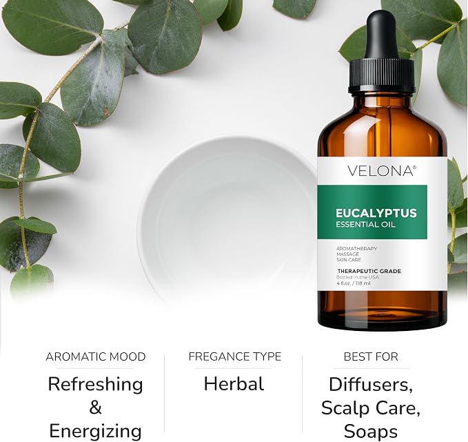 Eucalyptus Essential Oil by Velona - 4 oz | Therapeutic Grade 100% Pure and Natural | for Aromatherapy Diffuser, Massage, Skincare, Haircare, Soapmaking | Undiluted and Multipurpose in Glass Bottle