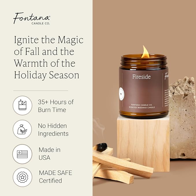 Fontana Candle Co Wood Wick Beeswax Jar Candles, Fireside - Made with Coconut Oil & Pure Essential Oils – Clean Burn, Long Lasting and Non-Toxic Candles for Home & Room Decor