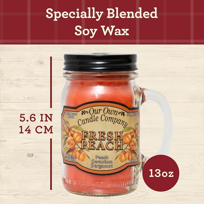 Our Own Candle Company, Fresh Peach Scented Mason Jar Candle, 100 Hour Burn Time, 13 Ounces