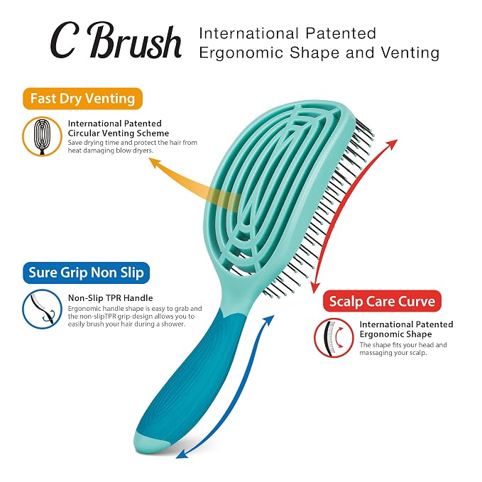 NuWay® C Brush® Scalp Care Detangling Hair Brush – Gentle Scalp Massage & Easy Detangling for Wet or Dry Hair, Everyday Hairbrush for Healthy Looking Hair (Classic Green)