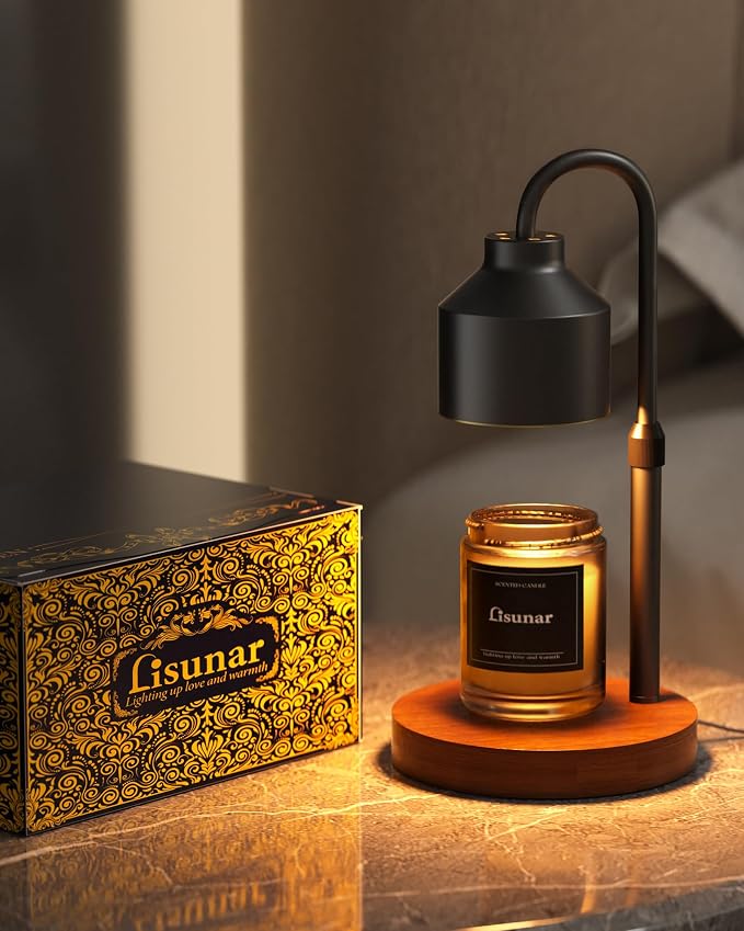 LISUNAR Electric Candle Warmer Lamp Black, Candle Lamp Warmer with Timer, Wax Warmer Lamp for Jar Candles, Adjustable Height Candle Light Warmer with 2 Bulbs