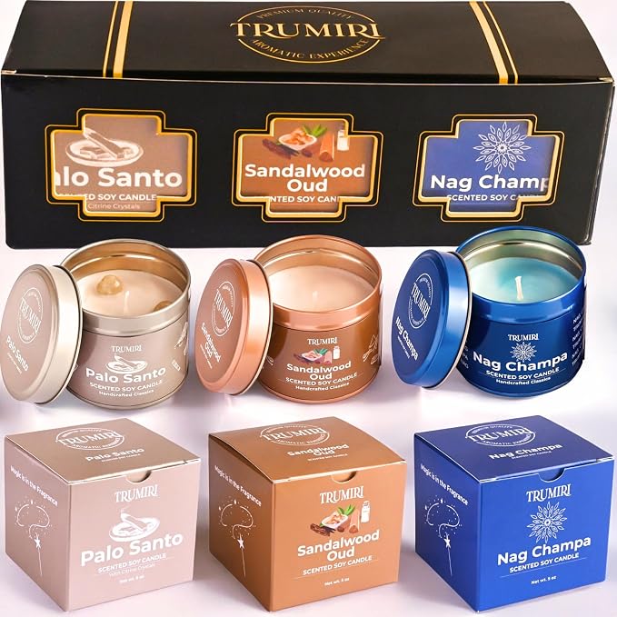 Palo Santo, Nag Champa, Sandalwood Oud - Soy Candles Non Toxic - Highly Scented Long Lasting with Essential Oils - Variety Pack of 3 x 5oz - for Home Aromatherapy Meditation Gift Travel
