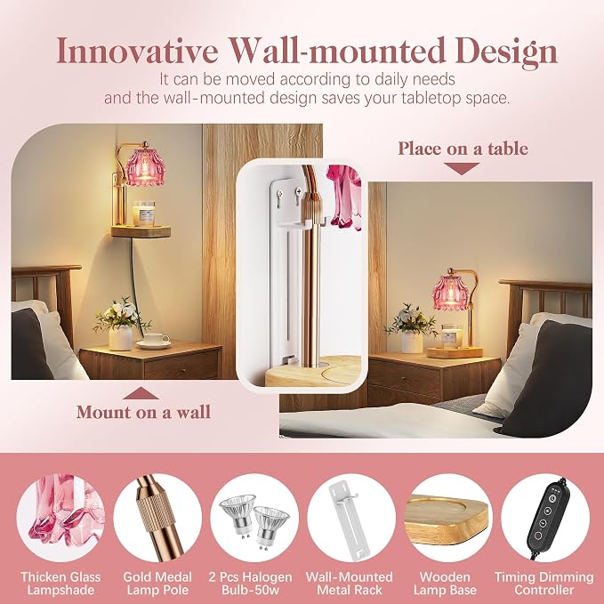 Candle Warmer Lamp with Timer Dimmer, Modern Wax Warmer for Scented Wax Jar Candle Warmer with 2 Bulbs, Adjustable Height Glass Lamp for Gifts for Women, House Warming Gifts, Home Decor, Gold Pink