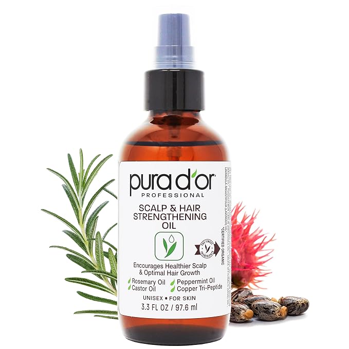 PURA D'OR Scalp & Hair Strengthening Oil Supports Optimal Growth, Reduce Breakage, Nourish Roots for Healthier, Fuller, Thicker Hair - Rosemary, Castor & Peppermint Oil: 3.3 Oz Hair Regrowth Tonic