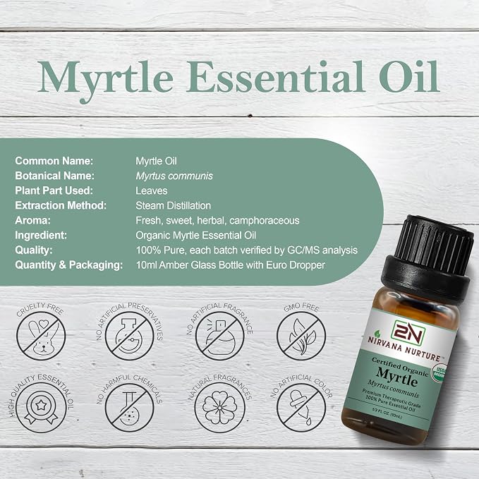Myrtle Essential Oil, USDA Certified Organic, 100% Pure Undiluted, Aromatherapy Oil for Diffuser, Hair & Skin Care