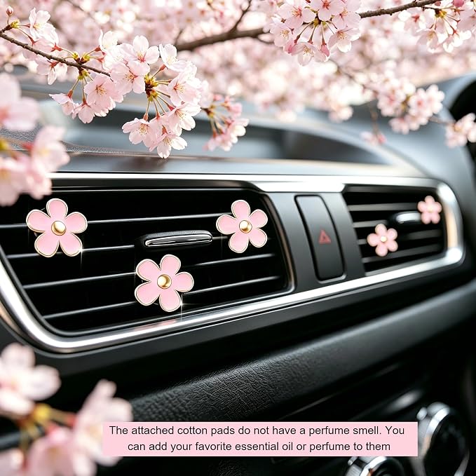 6 Pcs Pink Daisy Car Vent Clip Essential Oil Diffuser | Comes with unscented cotton pads, refillable, cute decor for car, bedroom and bathroom as gift