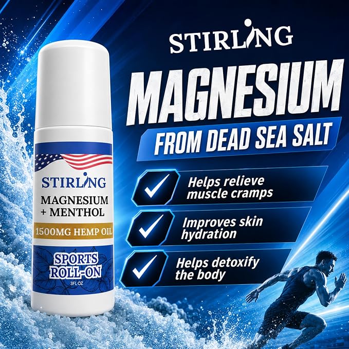 Stirling Menthol Roll On Lotion with Magnesium and 1500mg Pure Hemp - Non-GMO, THC-Free - Fast-Acting Relief for Sore Muscles and Joints, Reduces Swelling and Redness, Promotes Post-Workout Recovery