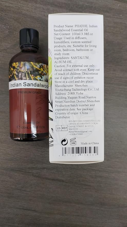 PHATOIL Indian Sandalwood Essential Oil, Pure Premium Natural Oil for Hair Care, Body Skin Care, Aromatherapy, DIY Candle, Soap Making 3.38Fl Oz