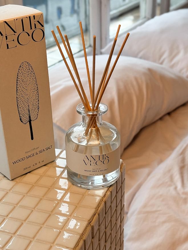 Wood Sage & Sea Salt Reed Diffuser Set – Oceanic Aromatherapy for Home – Glass Bottle 6.7fl oz + 8 Rattan Reeds – Calming Coastal Scent with Lavender & Sage – Long-Lasting (Up to 90Days)