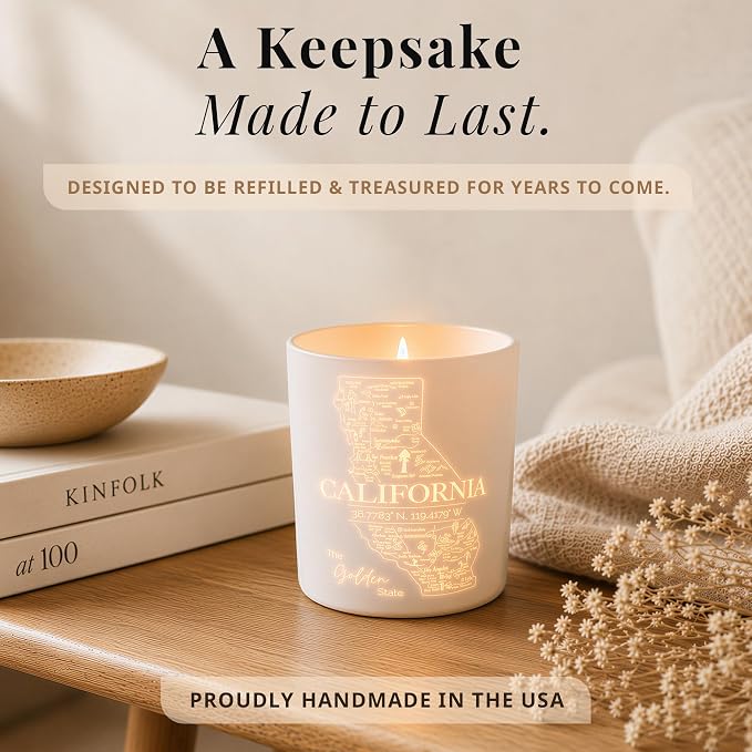 California Gifts - Glow-Through Engraved Candle -w/Sea Salt, Eucalyptus & Sage I California Decor for Home I California Souvenirs I California State Gifts I 9oz Jar, 50Hr Burn, USA Made