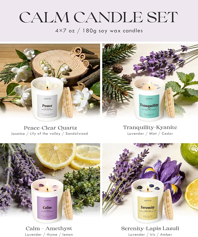 AOOVOO Stress Relief Candles Set for Women - 4 Pack Candles for Home Scented, 28 oz 200 Hour Burn, Aromatherapy Candle with Crystals, Peace/Tranquility Kyanite/Calm Amethyst/Serenity, Lapis Lazuli