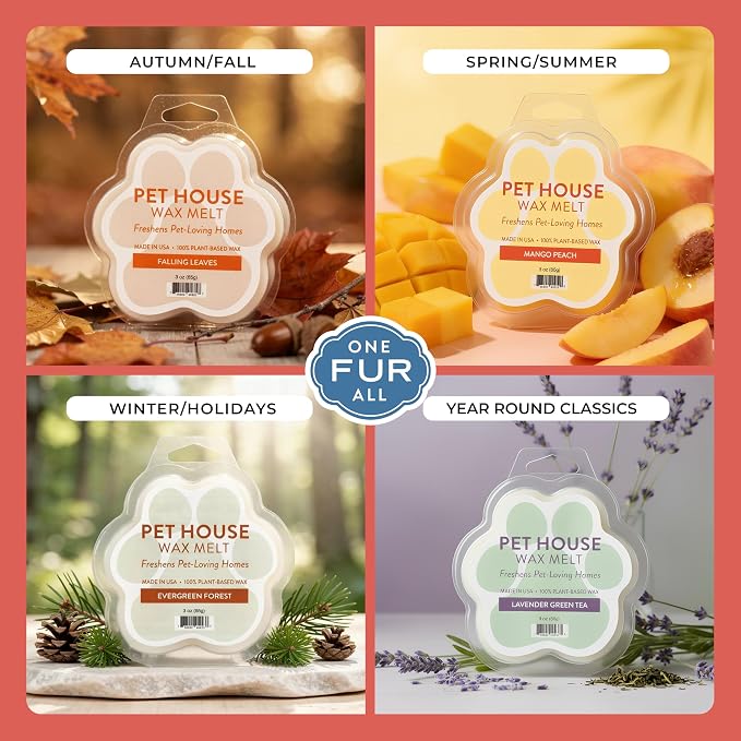 One Fur All Pet House Spring and Summer Wax Melts for Pet Odor, Natural, Plant Based Soy Wax Melts, Long Lasting Fragrance for Fresh Smelling Homes, Ruby Red Grapefruit