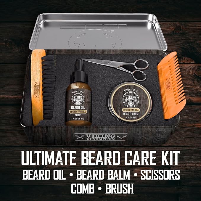 Viking Revolution - Ultimate Beard Kit Spiced Vanilla - Beard Grooming Kit for Men with Beard Brush, Beard Comb, Beard Balm, Beard Oil, Beard and Moustache Scissors - Husband Gifts for Men
