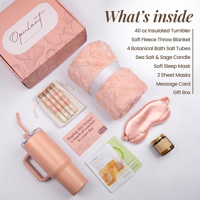 Opulent Luxury Self Care Gift Package for Women, 40oz Tumbler, Cozy Blanket | Gift-Ready Spa Set for Get Well, Thinking of You & Corporate Gifts for Employees & Clients - Candle, Bath Salts & Sleep Mask