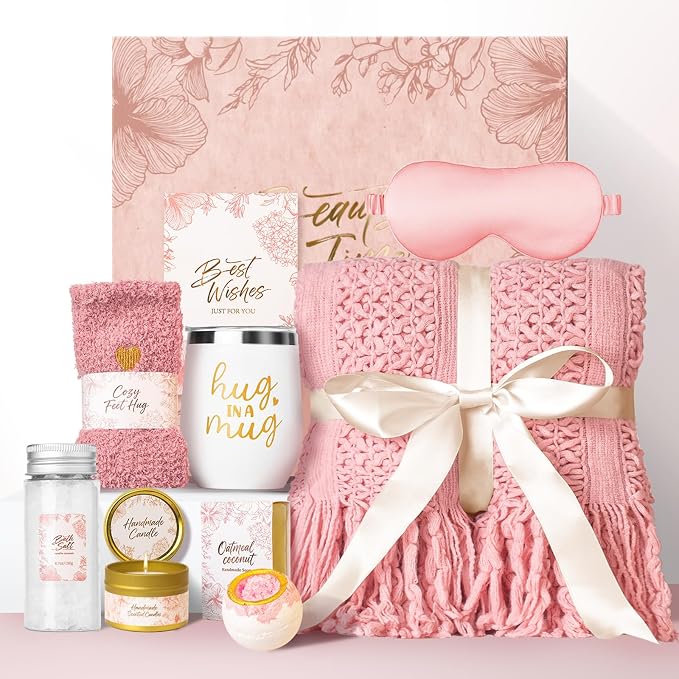 Gift Basket for Women, Self Care Set with Knitted Throw - Care Pkg - Pink | for Women Mom Her Friend Sister Wife Grandma Fringe Blanket, Spa Bath Bombs Candle Soap Sea Salt, Birthday Get Well