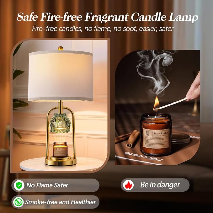 QiMH Candle Warmer Lamp with Timer Dimmer, Modern Table Lamp Wax Warmer for Scented Wax Jar, Glass Lamp Candle Warmer with 2 Bulbs, Women Gifts, House Warming Gifts, Home Decor, Brushed Gold Green