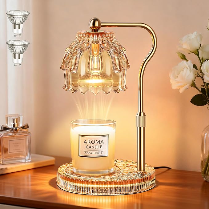 Candle Warmer Lamp with Timer Dimmer, Modern Wax Warmer for Scented Wax Jar Candle Warmer with 2 Bulbs, Adjustable Height Glass Lamp for Women, House Warming Gifts, Gold Amber