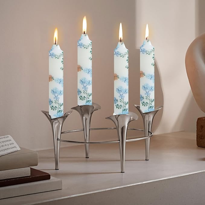 7 inch Short Candle Floral Candle Sticks Printed Candlestick Handmade Unscented Taper Candle 4 Pack Light Blue Flower Tapered Candles for Home Dinner Wedding Holiday