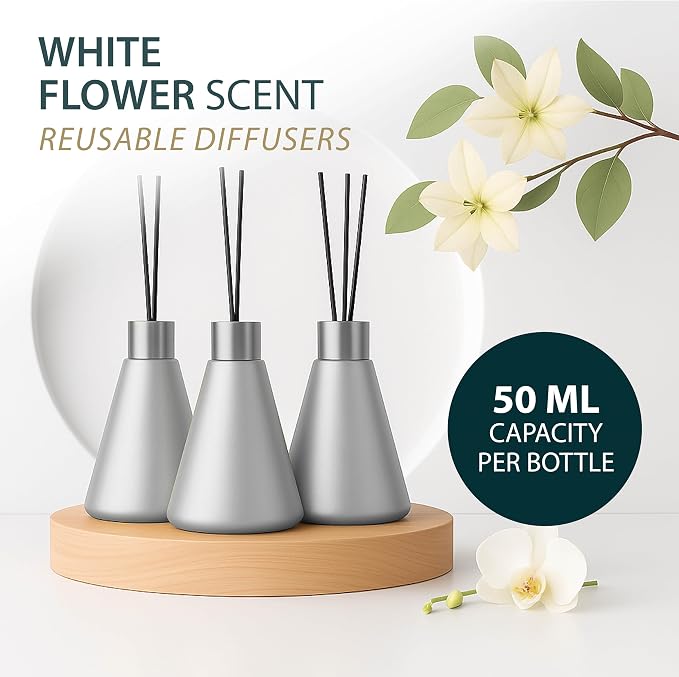 Mega Handles Reed Diffuser Sets (50ml) - 3 Pack White Flower Scent Bathroom Diffuser, Elegant Reed Diffuser for Shelf Decor, Decorative Air Freshener for Large Rooms - Satin Nickel