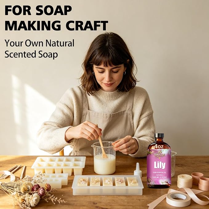 Lily Essential Oil, Lily Oil 4 Fl Oz 120ml for Diffuser Yoga Soap & Candle Making – with 0.33 Oz Roller Ball & Dropper YHSESSE Essential Oils