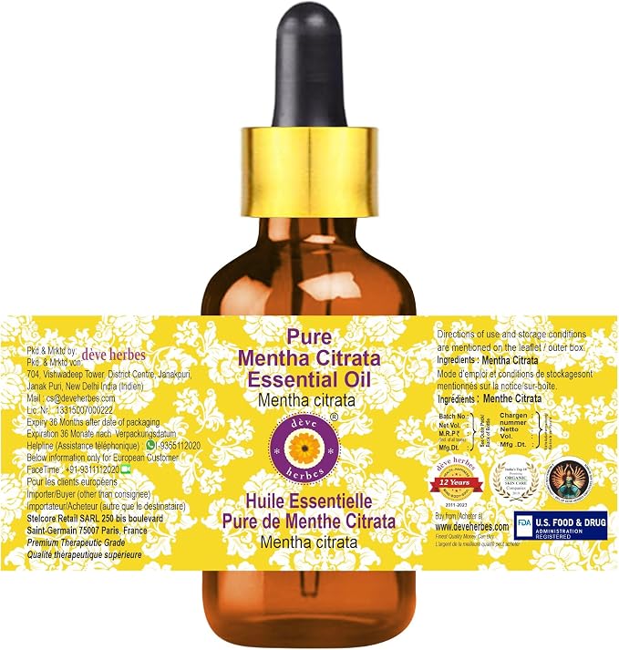 Deve Herbes Pure Mentha Citrata Essential Oil (Mentha citrata) with Glass Dropper Steam Distilled 50ml (1.69 oz)